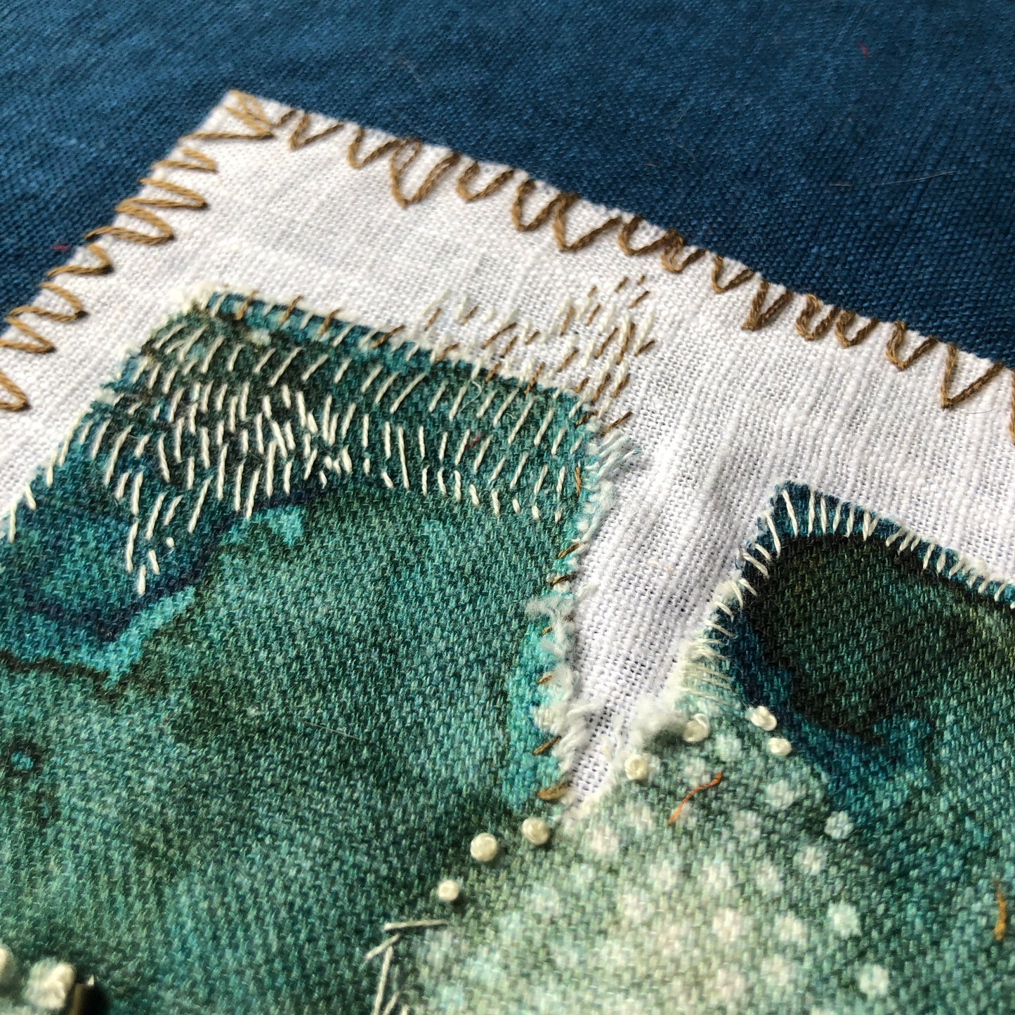 Turquoise Tulip Embroidery with Charcoal Stitches